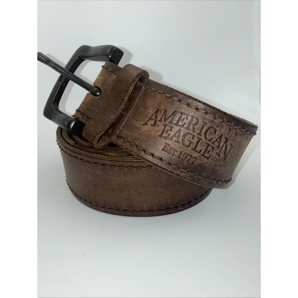 American Eagle Outfitters Belt Mens 38 Leather Embossed Brown Distressed Look 2”